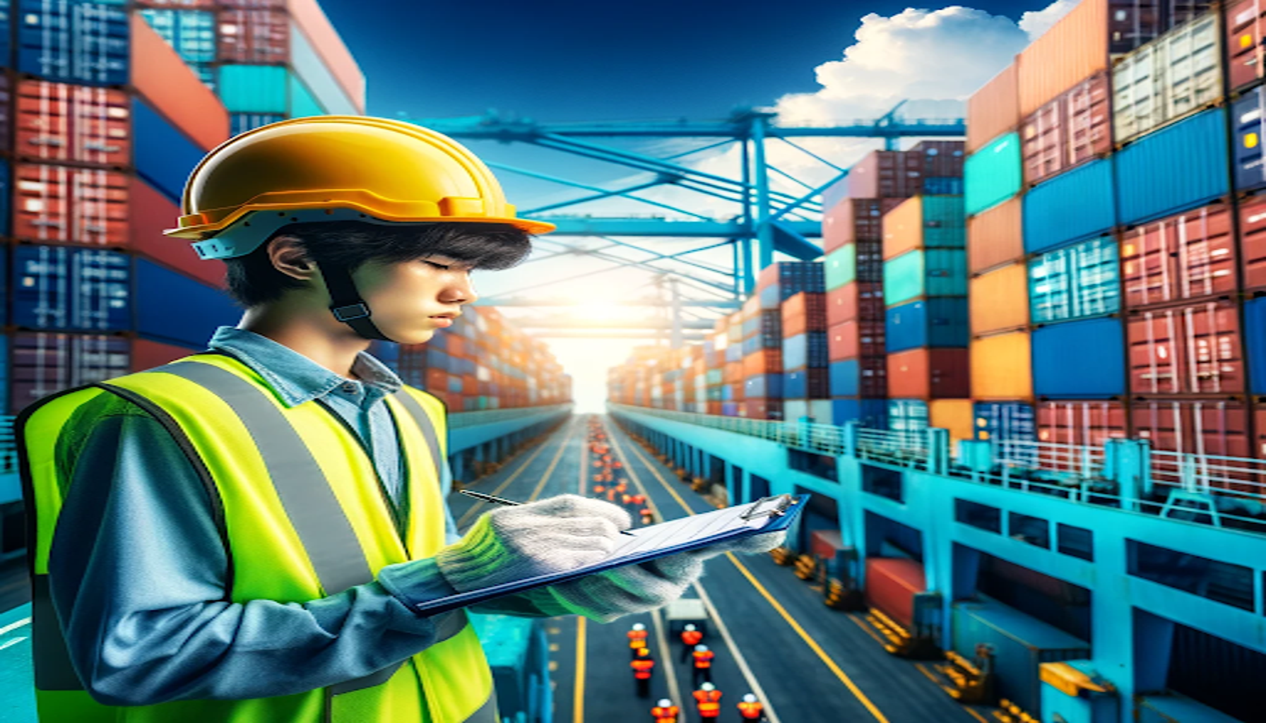 a young man with a clipboard working in a maritime job on a ship