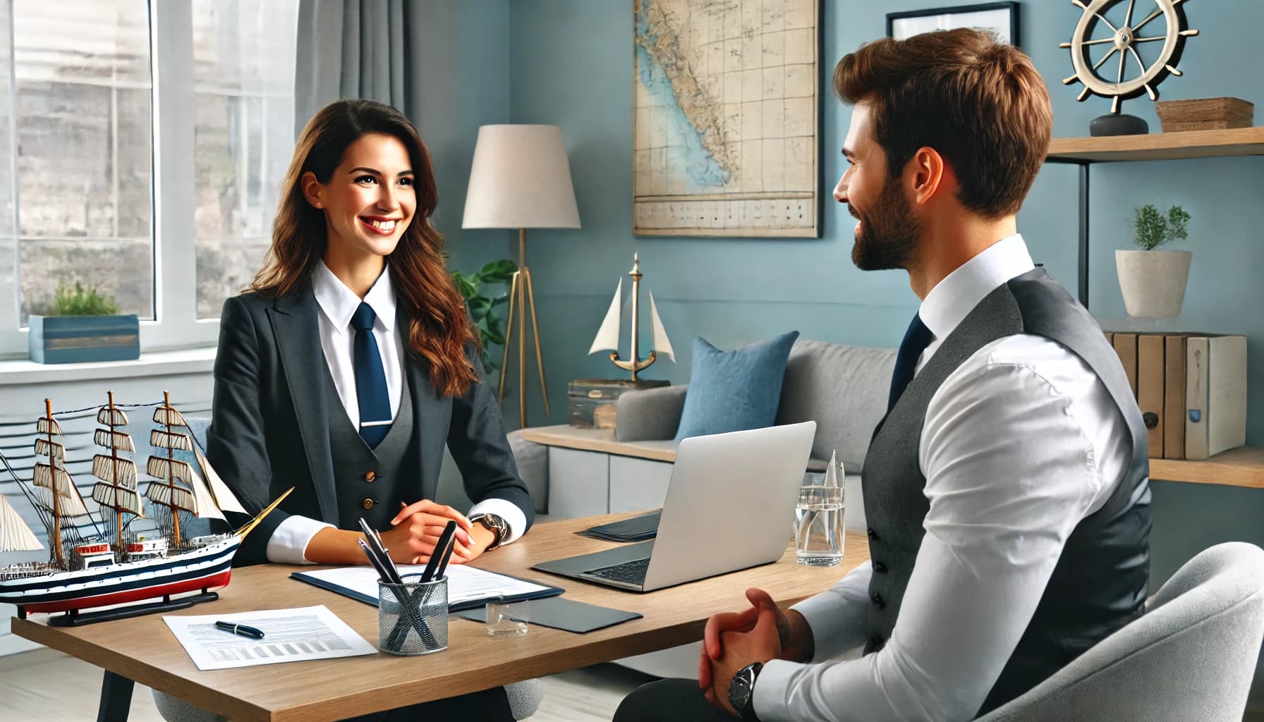 a smiling man and woman in a maritime job interview