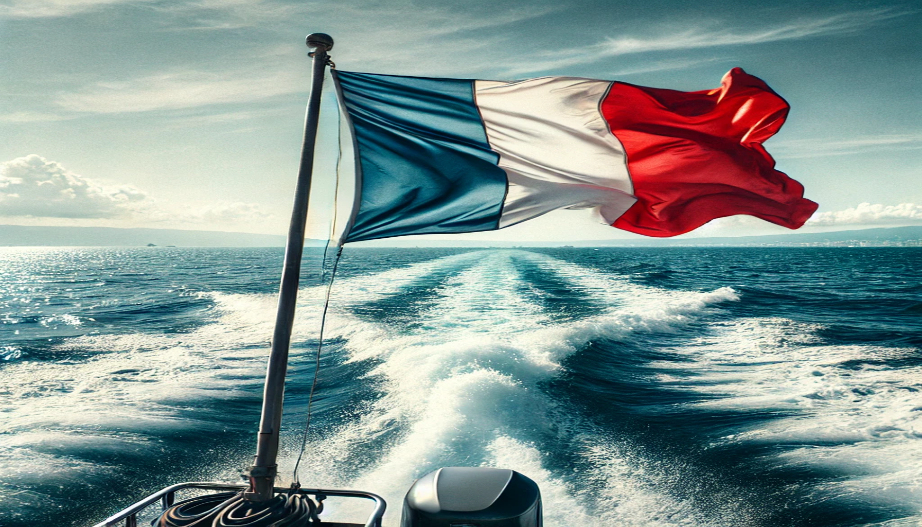 the French flag flying from the stern of a boat