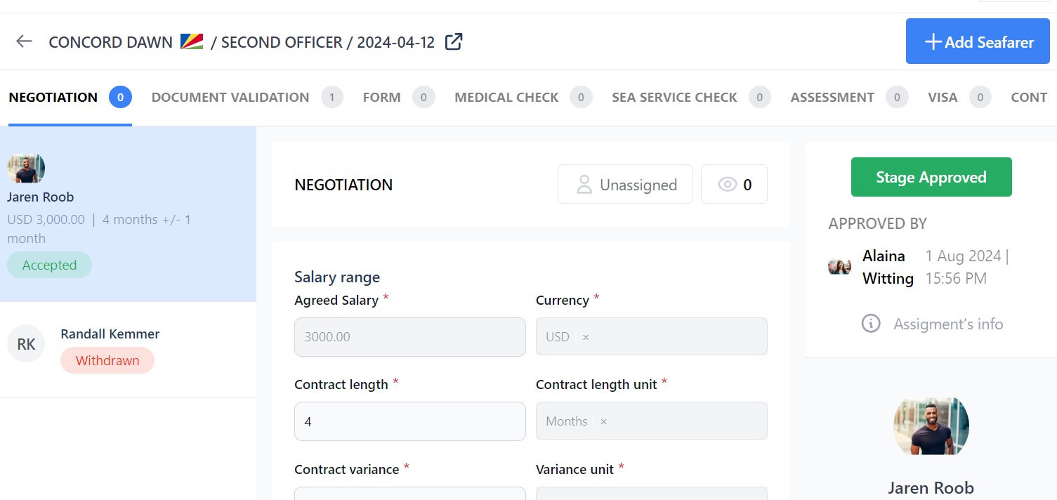 screenshot of Martide's maritime crew management software showing the pipeline function