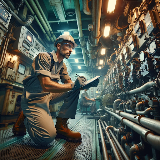 AI image o a man in an engine room on a ship working in a Chief Engineer job