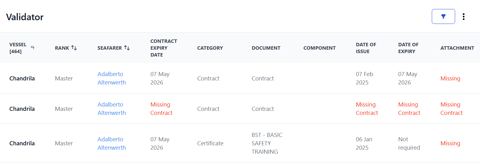 Screenshot of Martide's maritime crew management software's Validator page