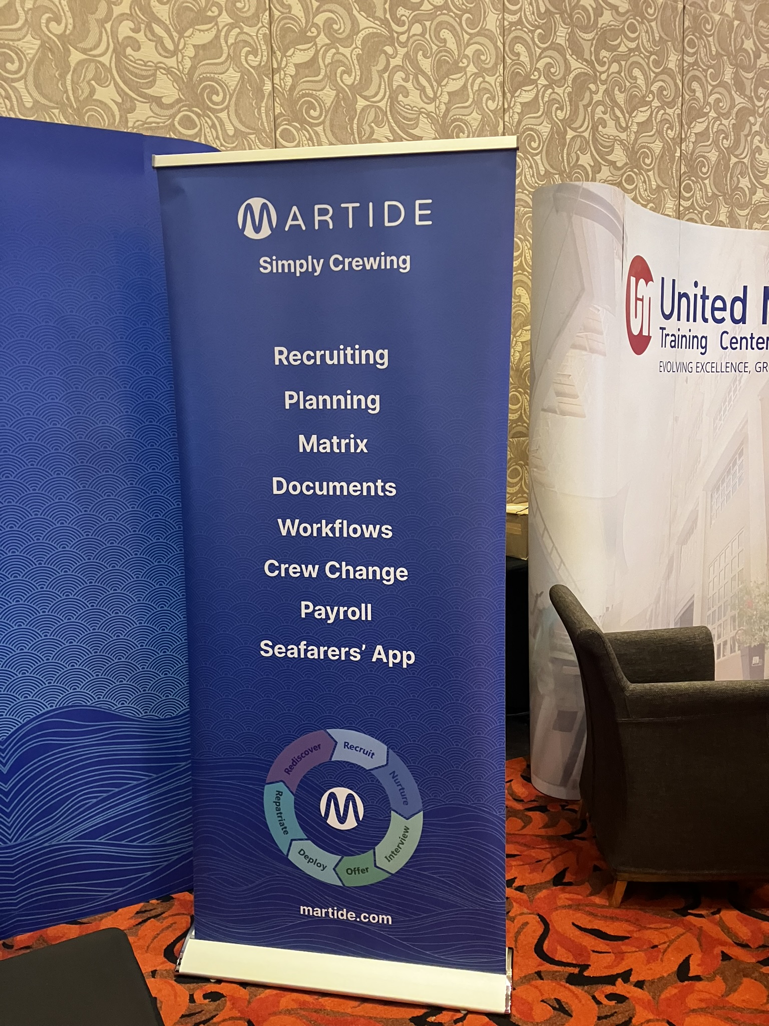 The Martide booth's banner showing our crewing system features