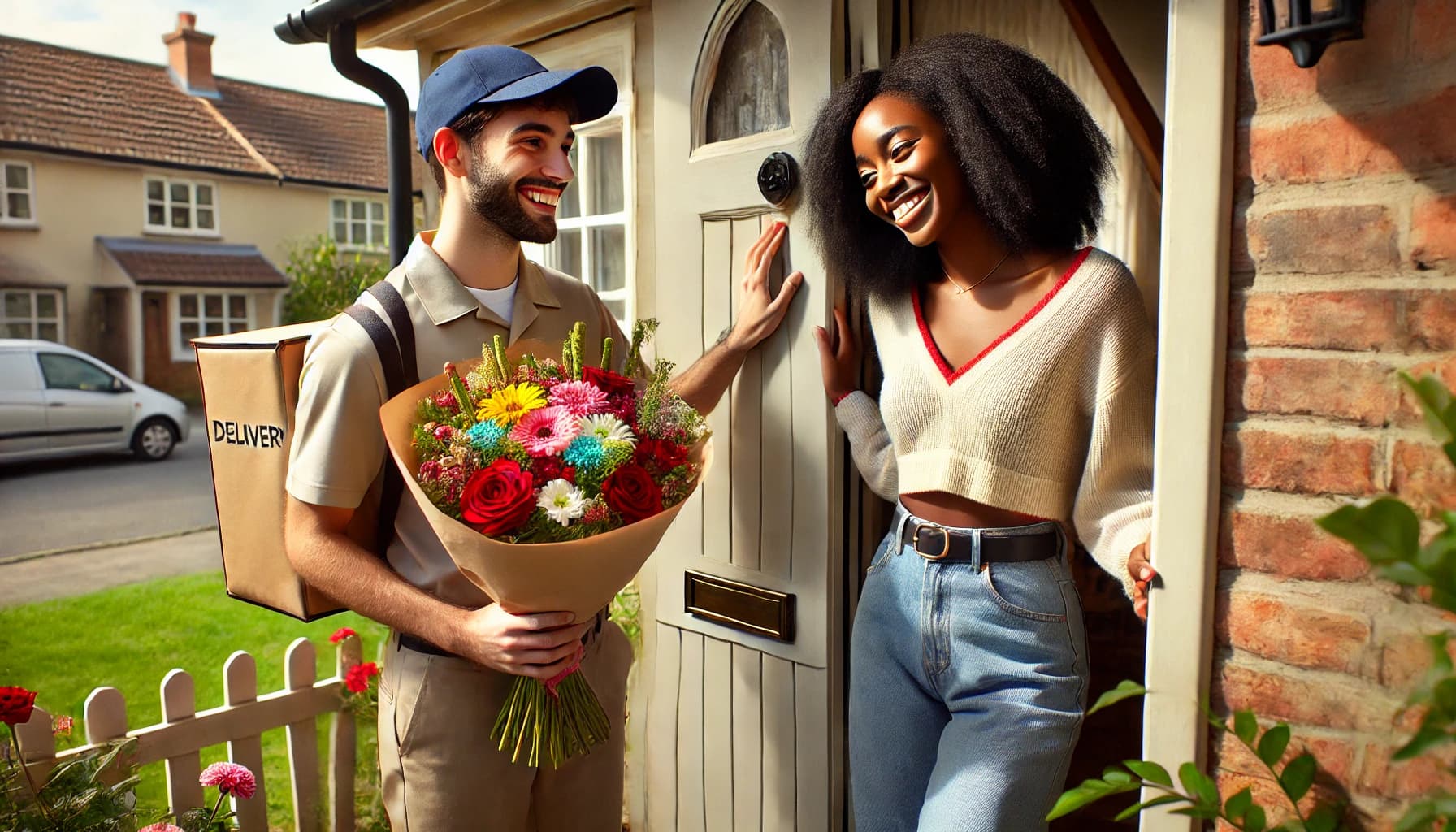 a delivery guy surprising a young woman on her doorstep with a bouquet of flowers