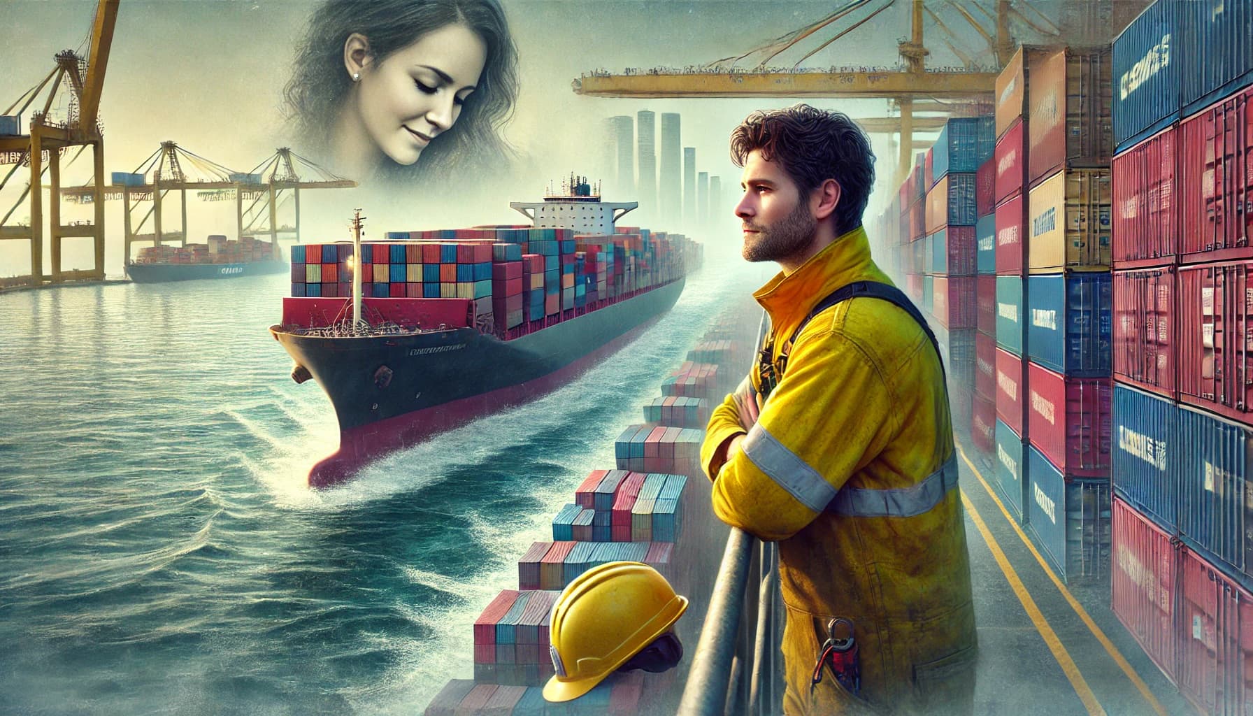 a seafarer working in a job on a container ship thinking about his wife