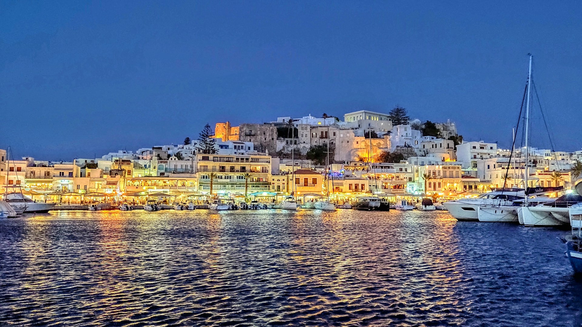 a Greek island at dusk