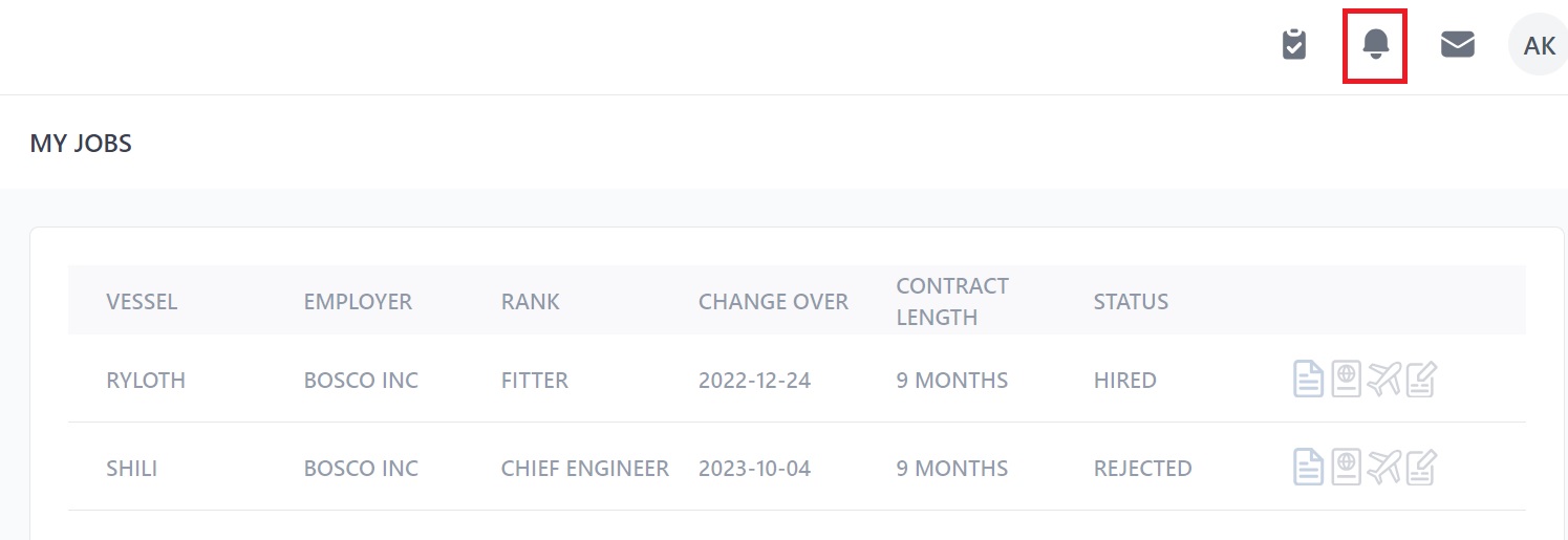 Screenshot of Martide's seafarer jobs board showing the My Jobs page