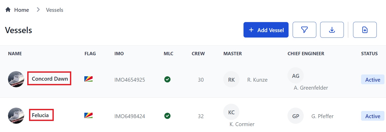 Screenshot of Martide's maritime crew management system showing the Vessel Custom Contacts page 