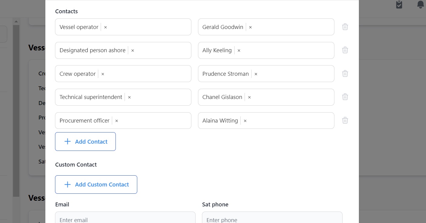 Screenshot of Martide's maritime crew management system showing the Vessel Custom Contacts page 