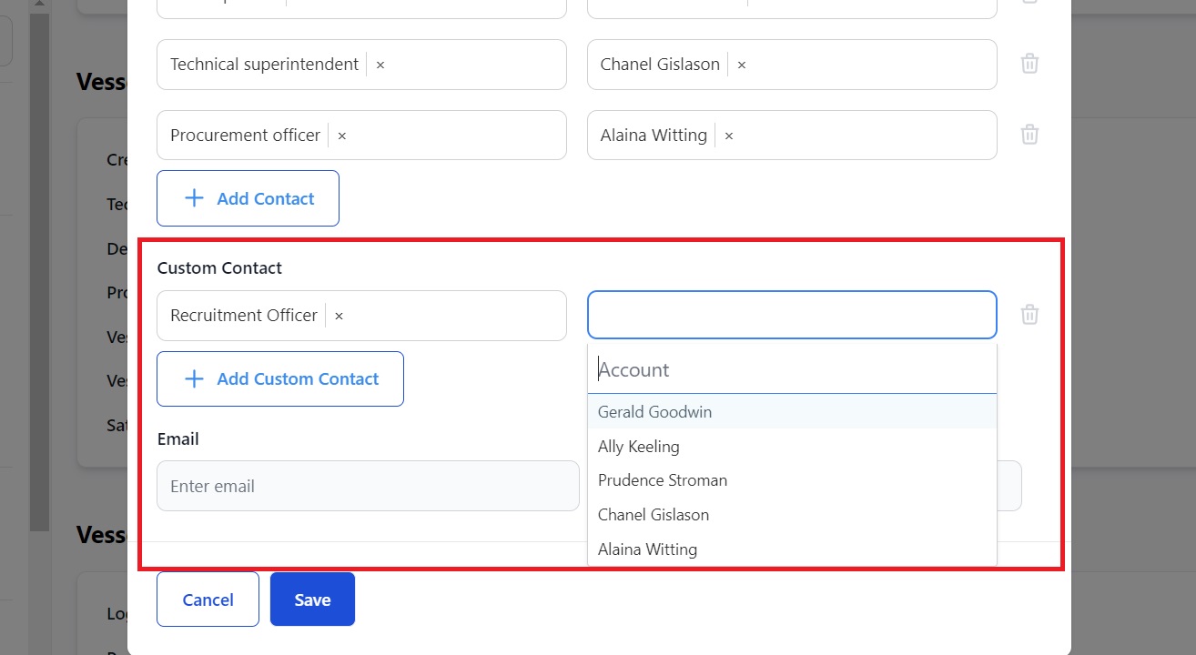 Screenshot of Martide's maritime crew management system showing the Vessel Custom Contacts page 