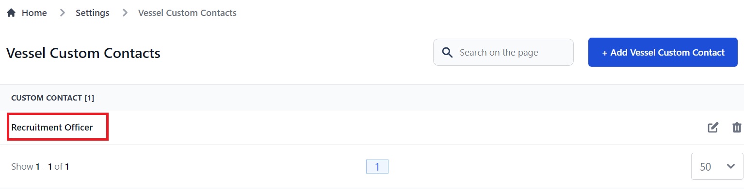 Screenshot of Martide's maritime crew management system showing the Vessel Custom Contacts page 
