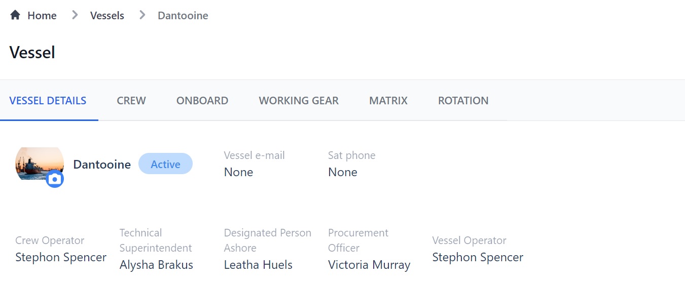 Screenshot of Martide's maritime crew management system showing the Vessel Custom Contacts page 