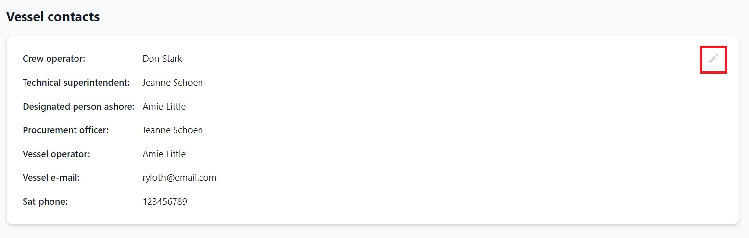 Screenshot of Martide's maritime crew management system showing the Vessel Custom Contacts page 