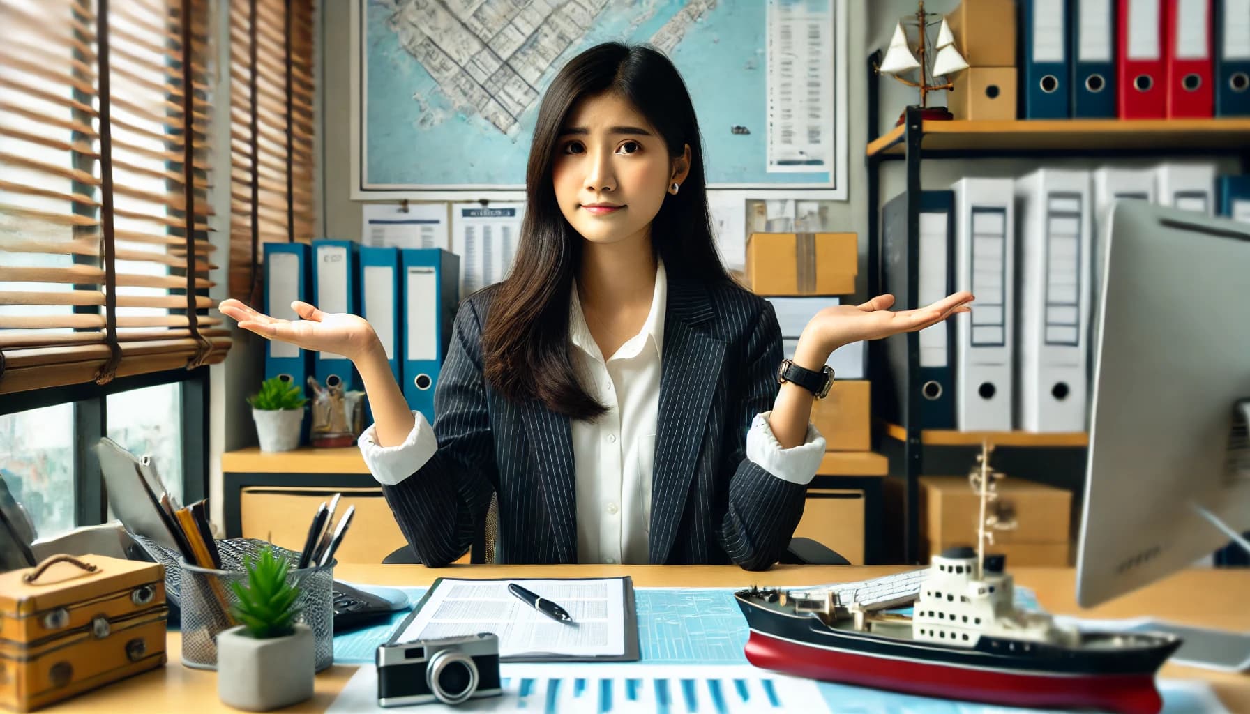 a woman working in the maritime industry in an office shrugging her shoulders