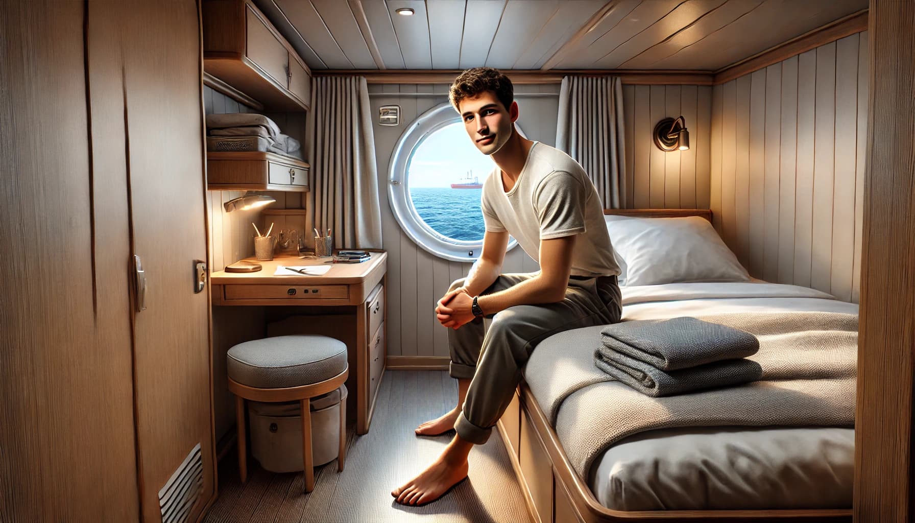 a seafarer sitting on the bunk in his cabin with fresh towels on the bed next to him