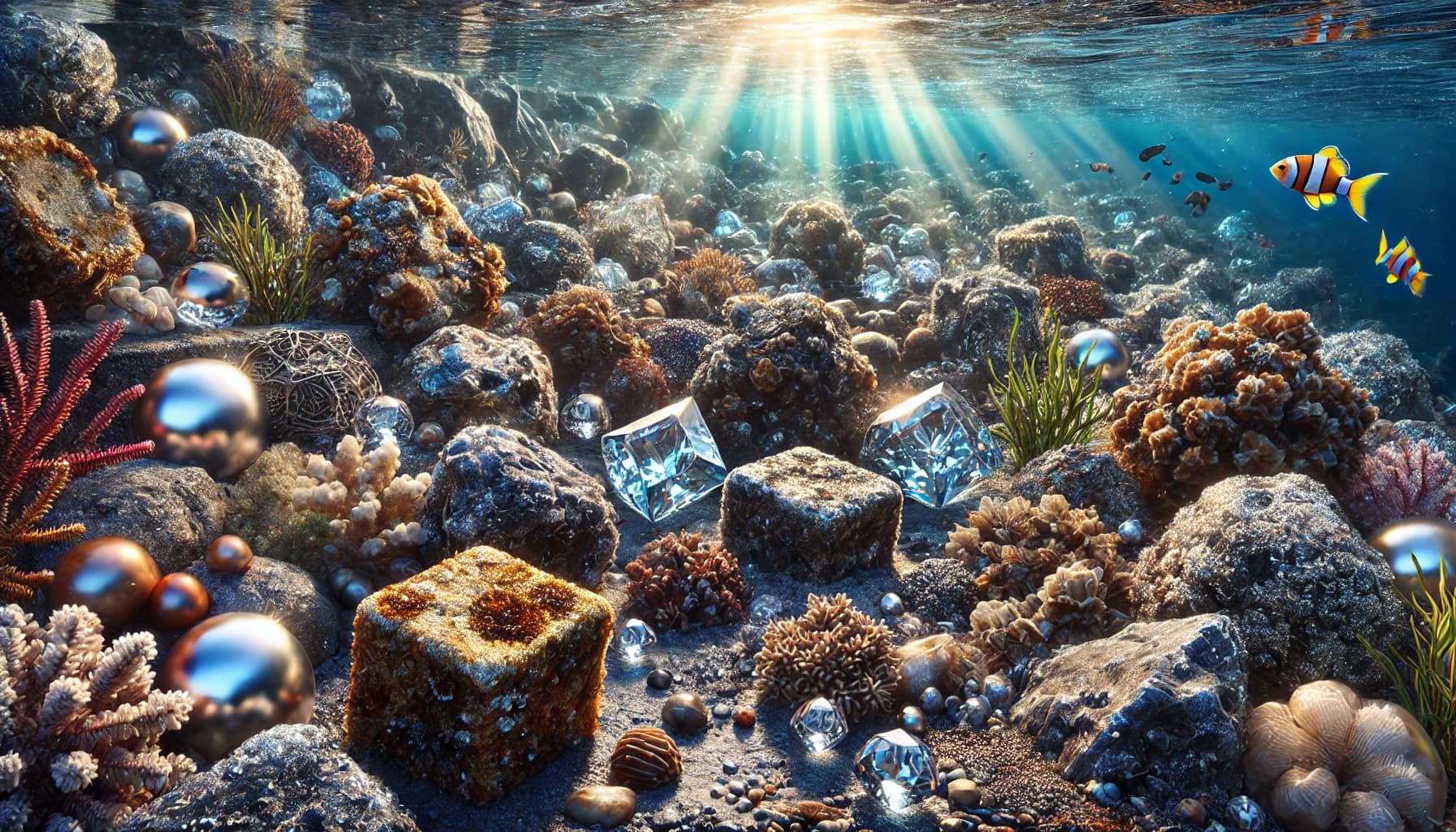 an assortment of precious stones lying on the sea bed