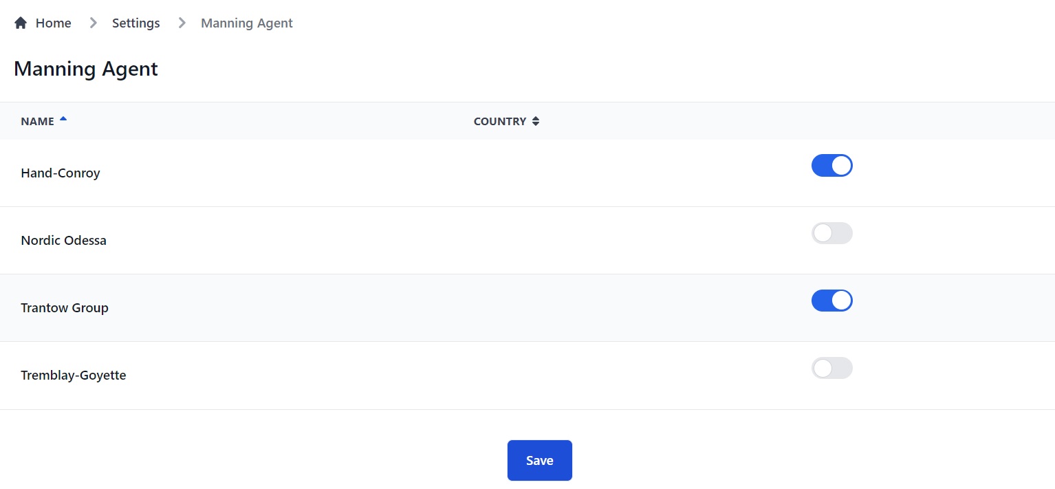 Screenshot of Martide's maritime recruitment software showing the Manning Agent page 