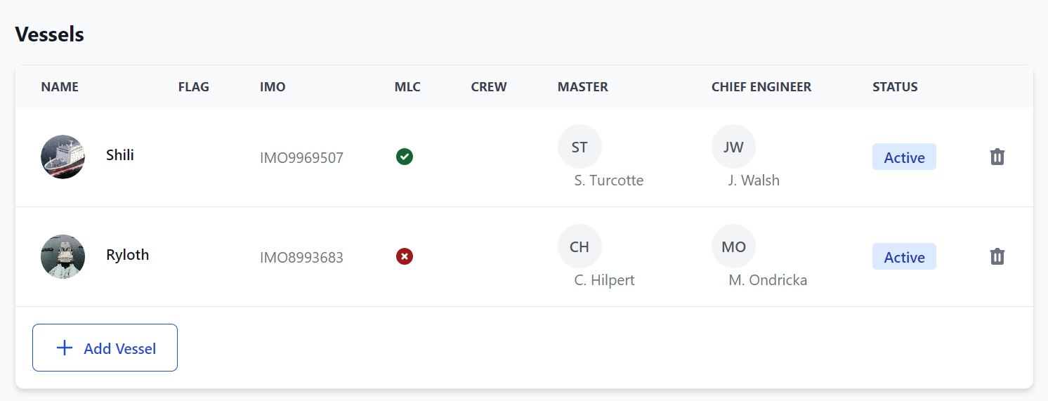 Screenshot of Martide's maritime crew management system showing the Clients feature 