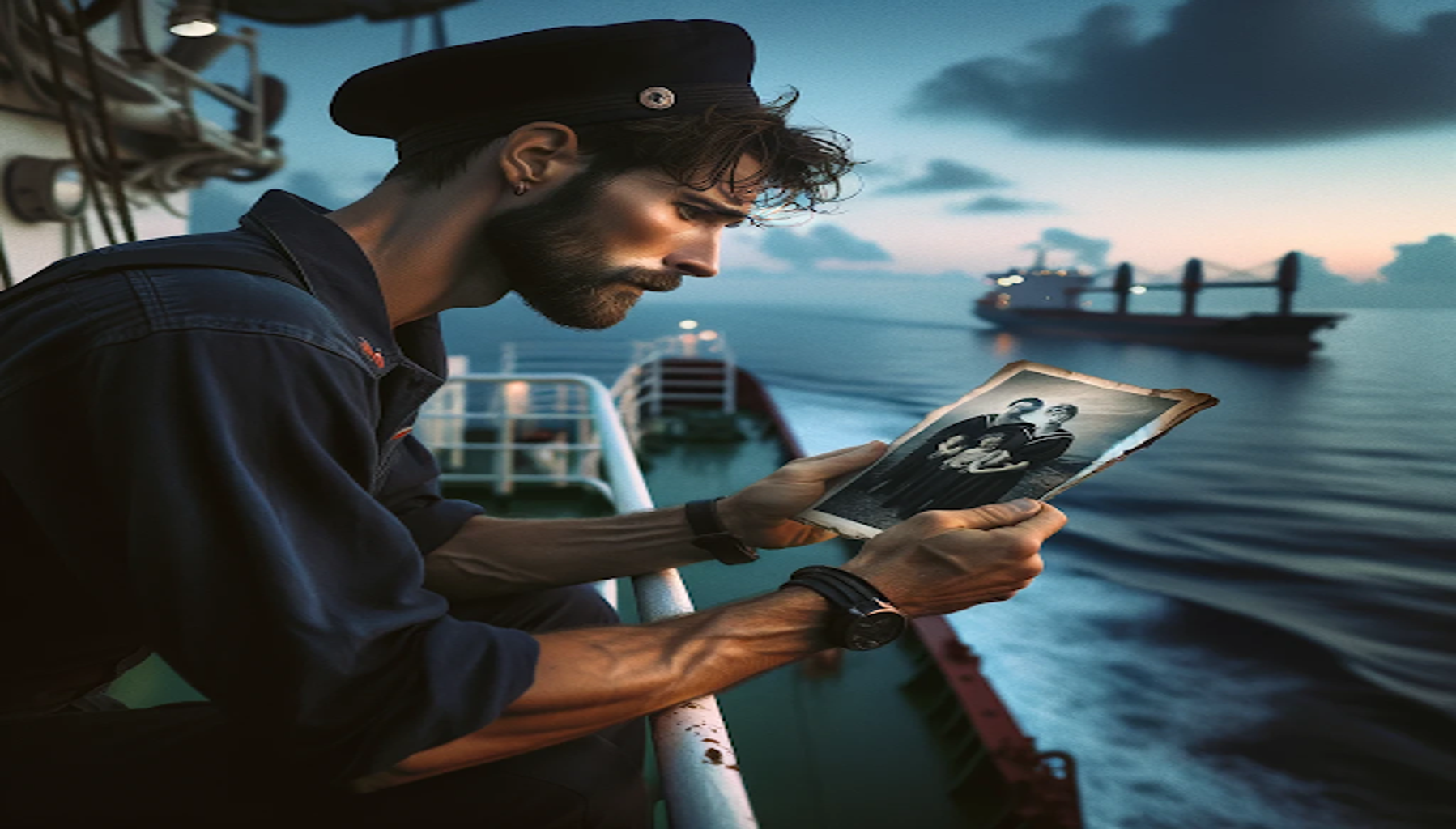 A man working in a seafarer job looking at a family photo