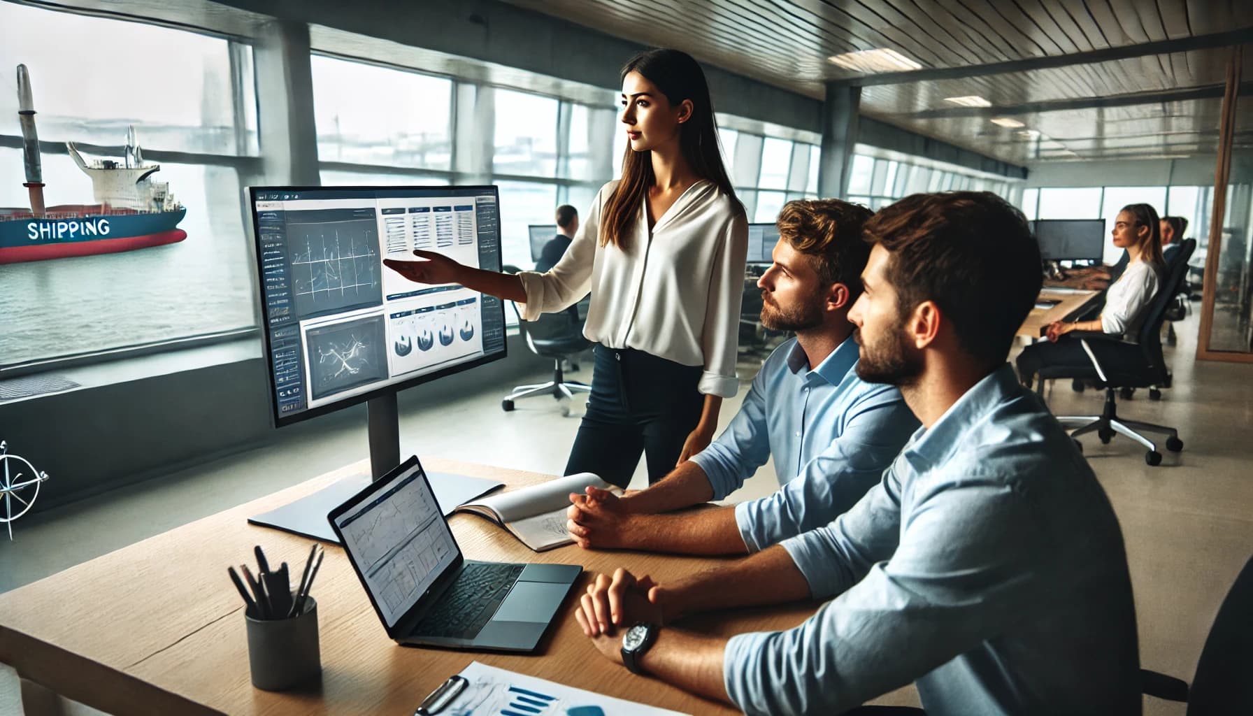 a woman showing two coworkers how to use some software