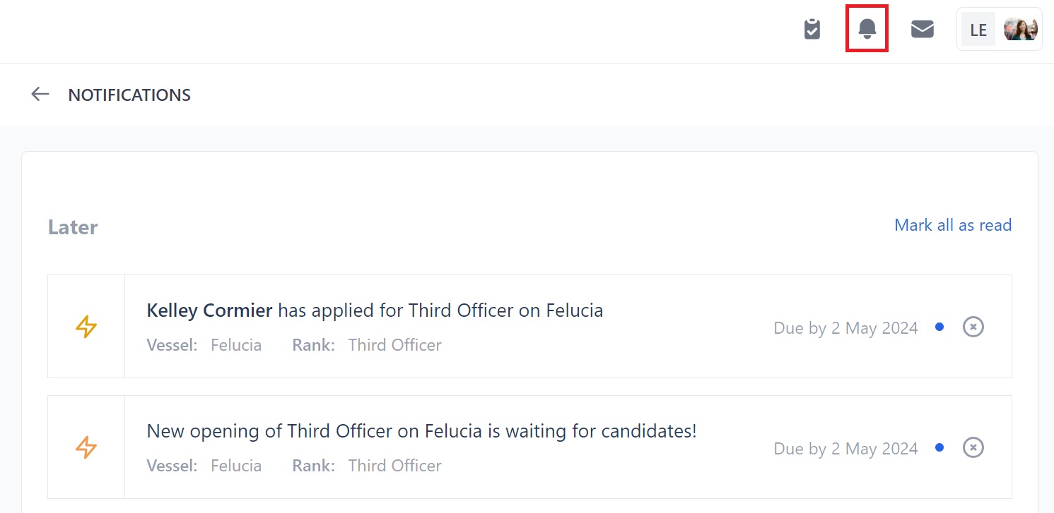 Screenshot of Martide's maritime crew management system showing the Notifications feature 