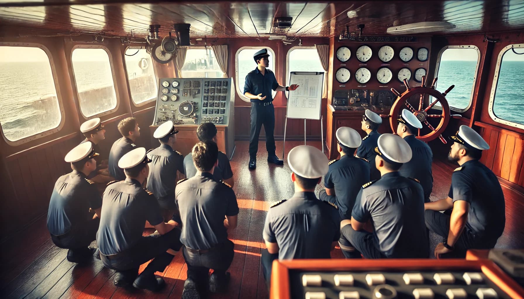 an office leading a crew meeting on a vessel