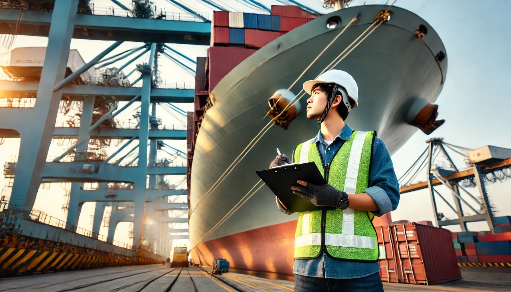 a seafarer on the dock with a clipboard