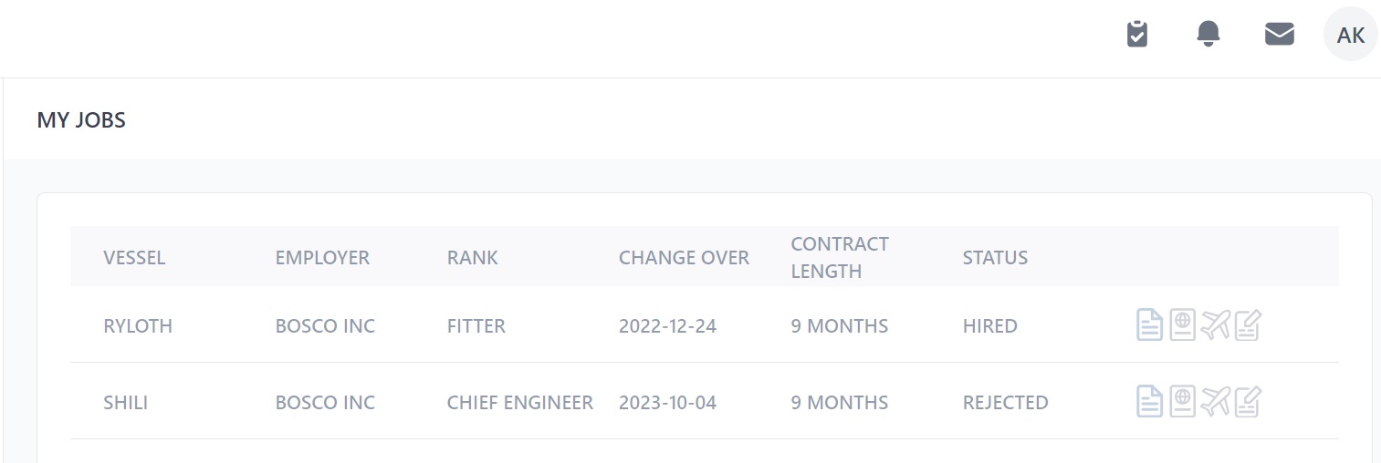 Screenshot of Martide's seafarer jobs board showing a seaman's My Jobs page 