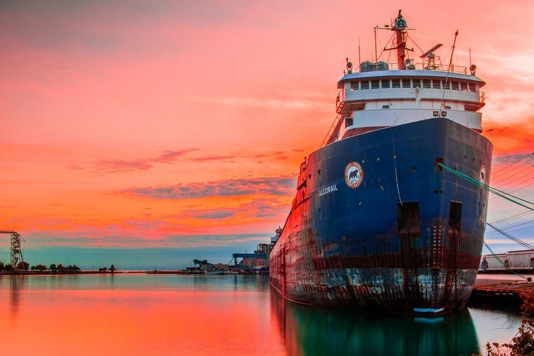 ship moored at sunset