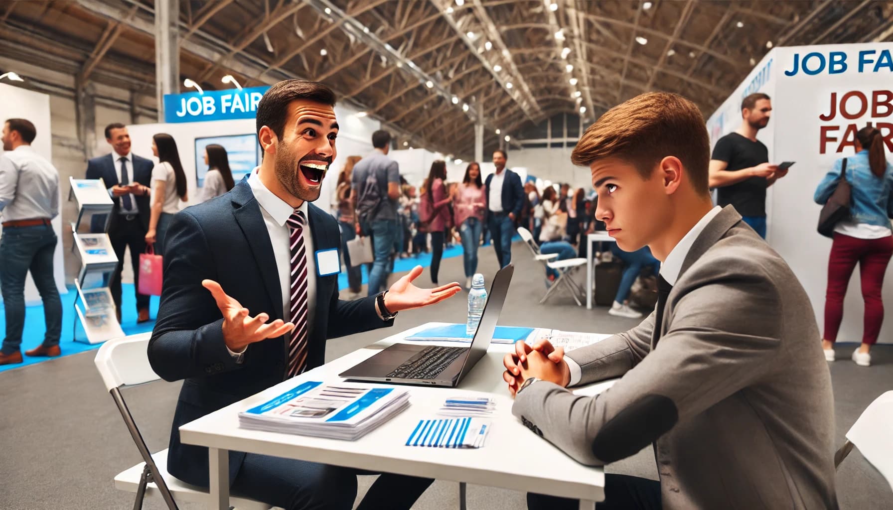 an over enthusiastic man at a job fair talking to a bored young job seeker