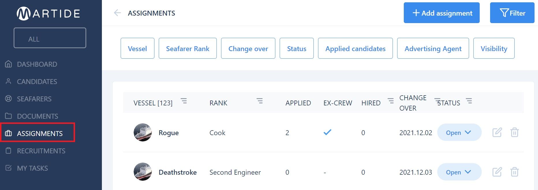 Screenshot of Martide's maritime recruitment and maritime crew management system software