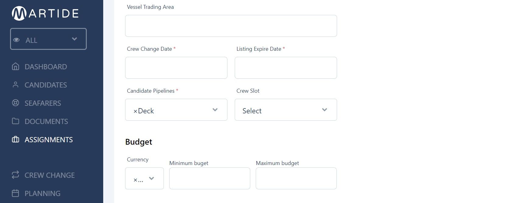 Screenshot of Martide's maritime recruitment and maritime crew management system software