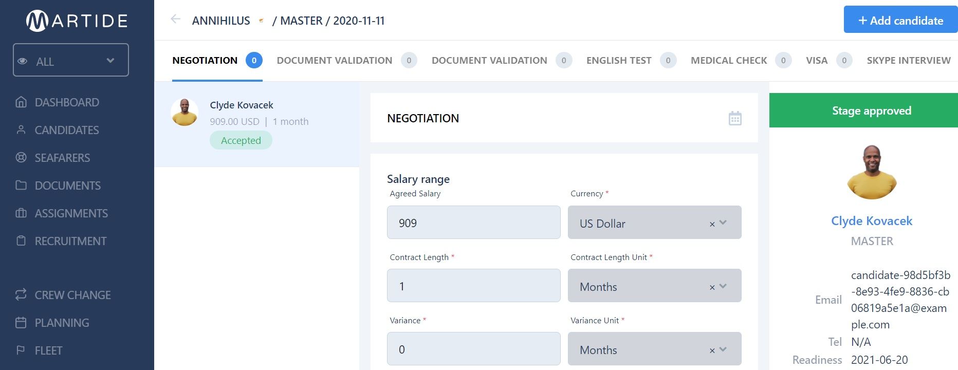 Screenshot of Martide's maritime recruitment and maritime crew management system software