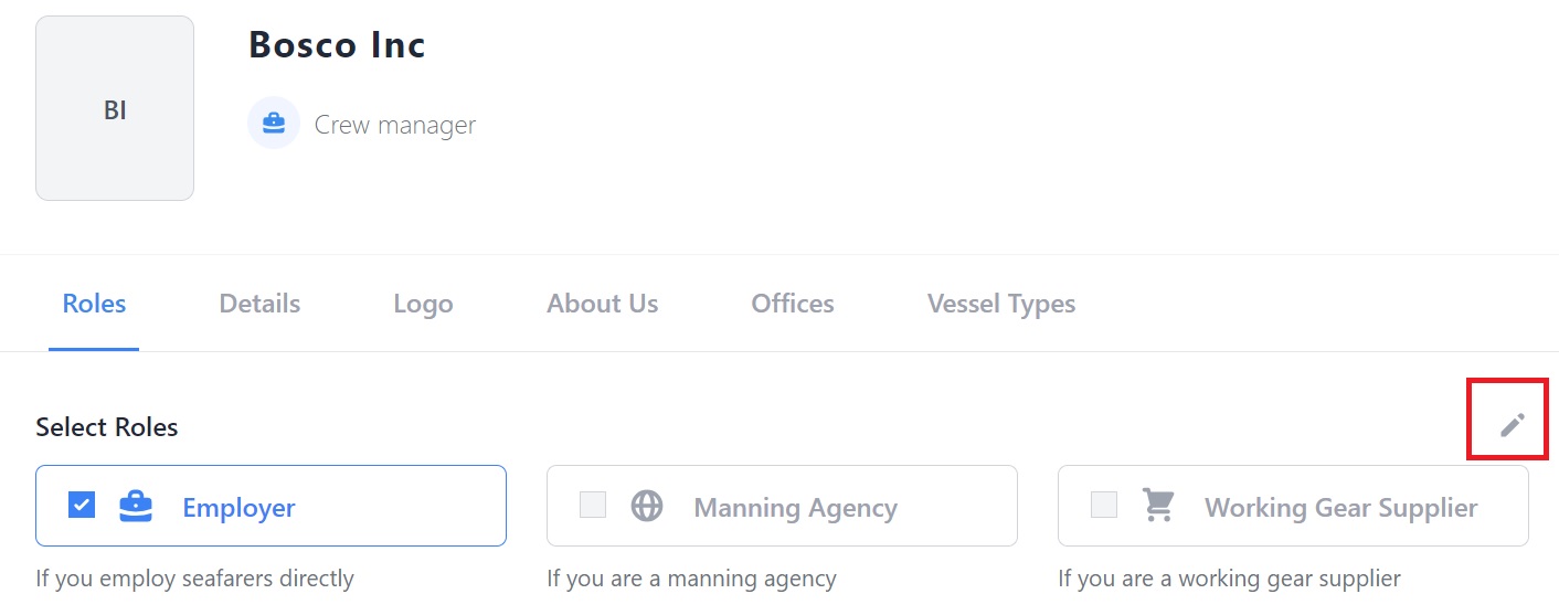 Screenshot of Martide's maritime crew management system showing a company profile page 