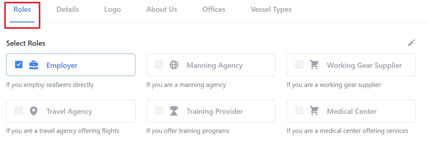 Screenshot of Martide's maritime crew management system showing a company profile page 