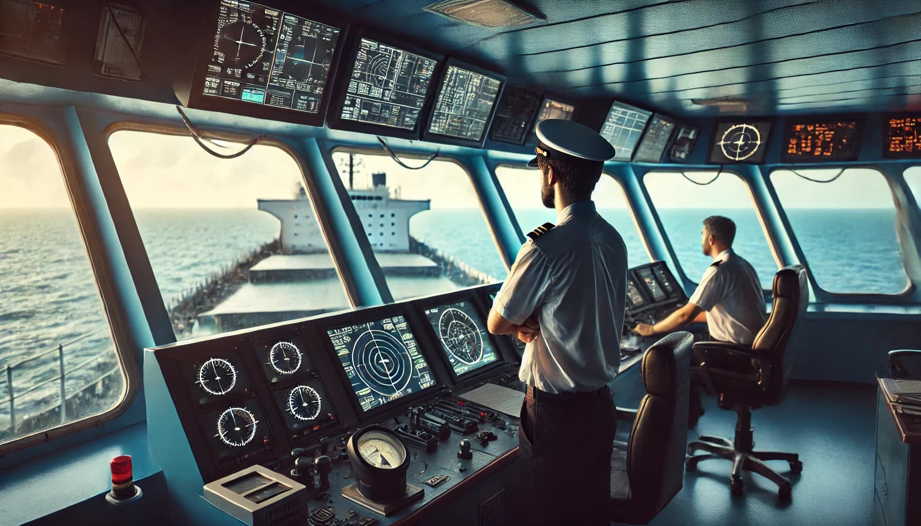 officers working on a ship's bridge using tech