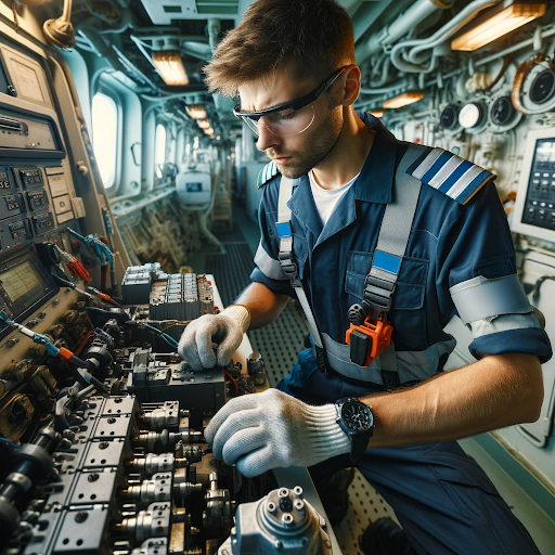 AI generated image of someone technical working in a job at sea