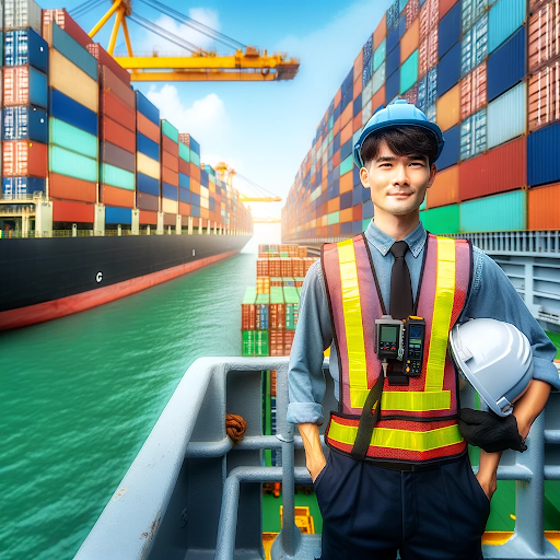 AI generated image of a proud looking man working in a seafarer job on a cargo ship