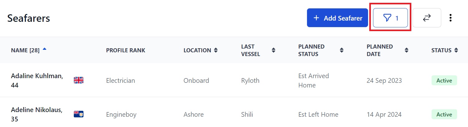 Screenshot of Martide's maritime crew management system showing the Seafarers page 