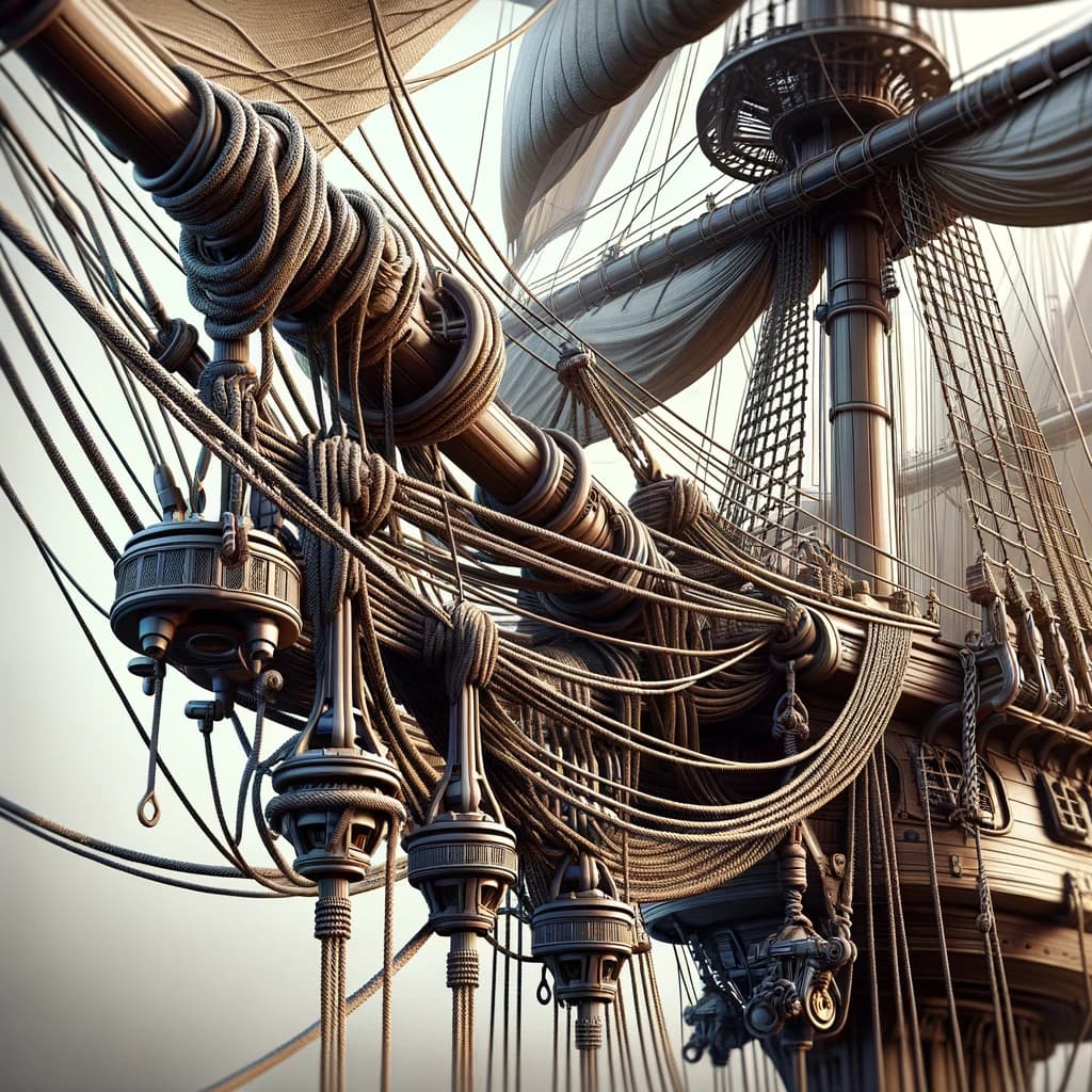 The rigging on a sailing ship