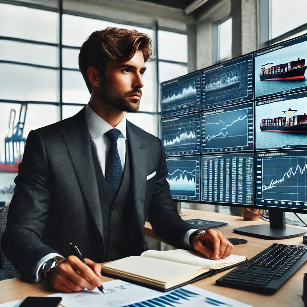 a man working in a shore-based maritime job, gathering market intelligence