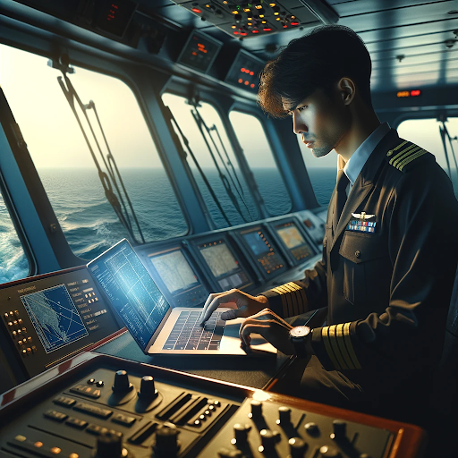 a man working in a maritime job at sea and using a laptop on a vessel's bridge