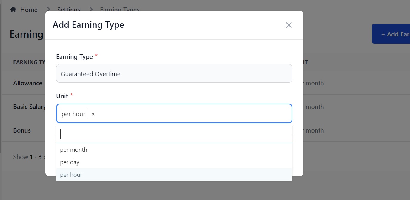 Screenshot of Martide's maritime crew management system showing the Earning Types page 