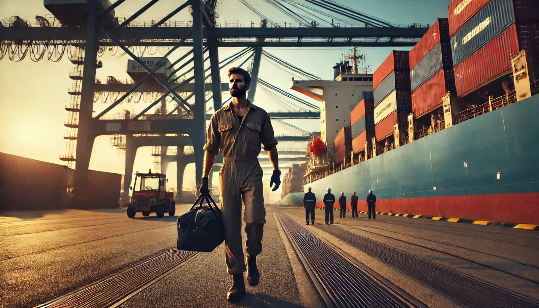 a seafarer walking down a dock carrying his luggage