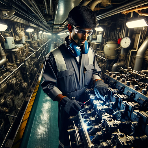 AI geenrated image of a young man working in a marine engineer job