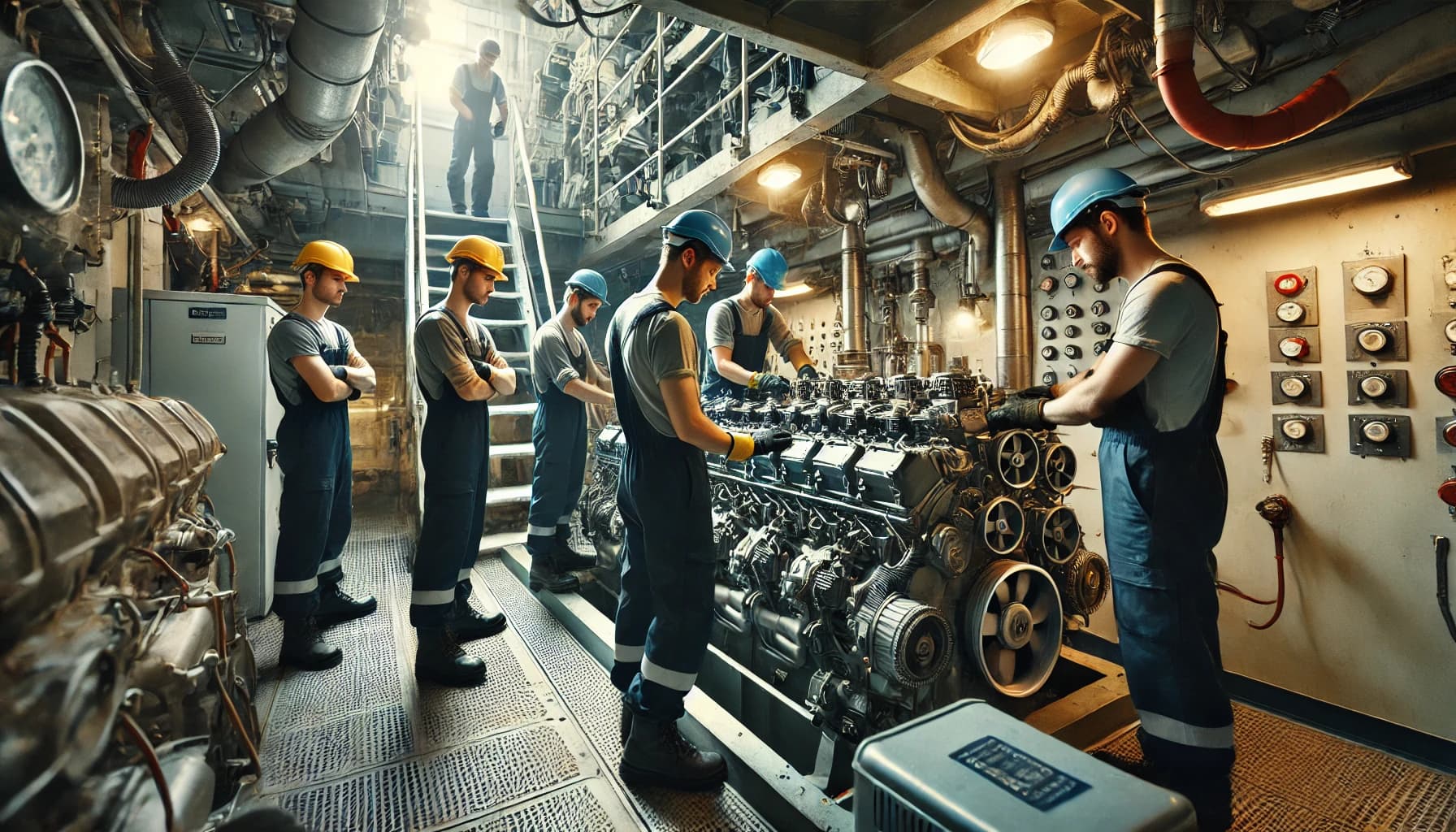 men working in marine engineer jobs in a ship's engine room