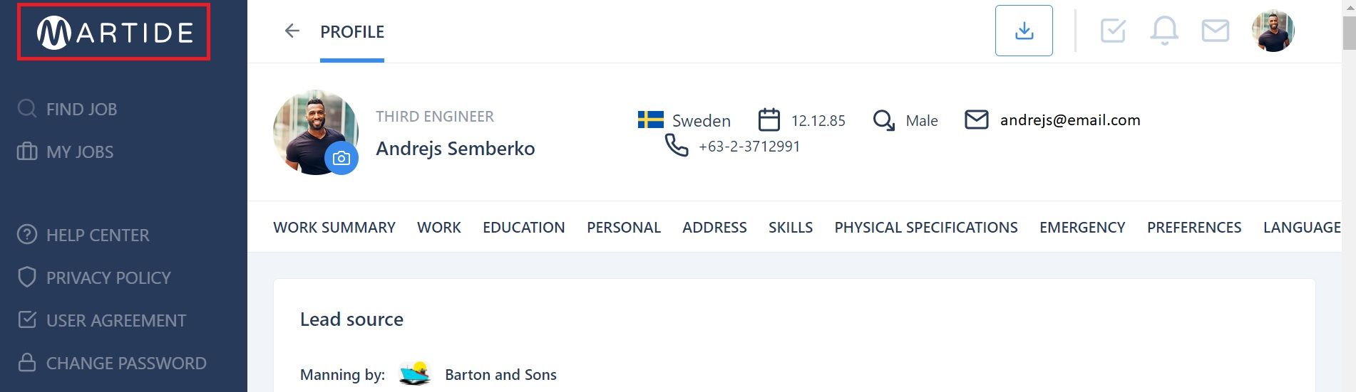 Screenshot of Martide's maritime jobs board and seafarer online resume software