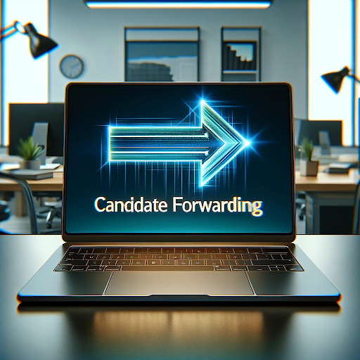 AI generated image of a laptop with a blue arrow pointing forward representing Martide's candidate forwarding function