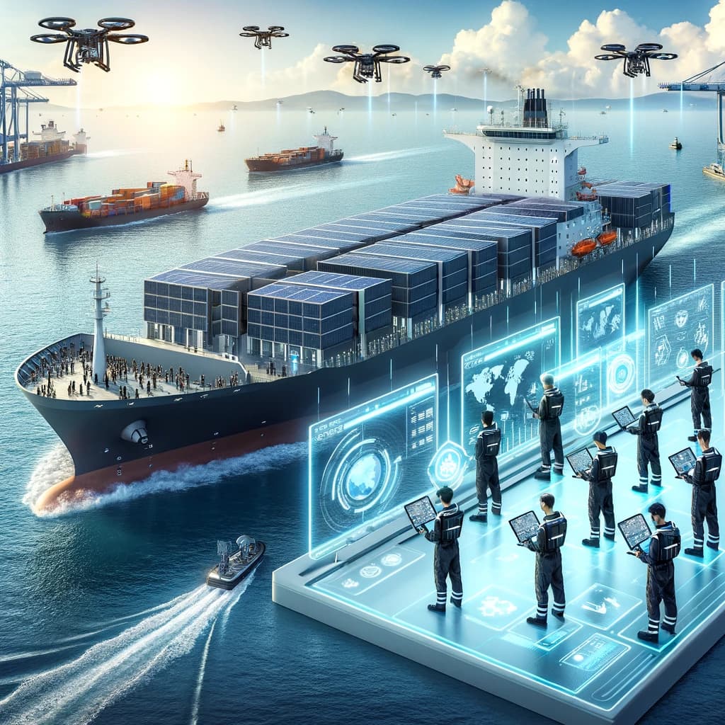 AI generated image of cargo ships, drones and seafarers using laptops