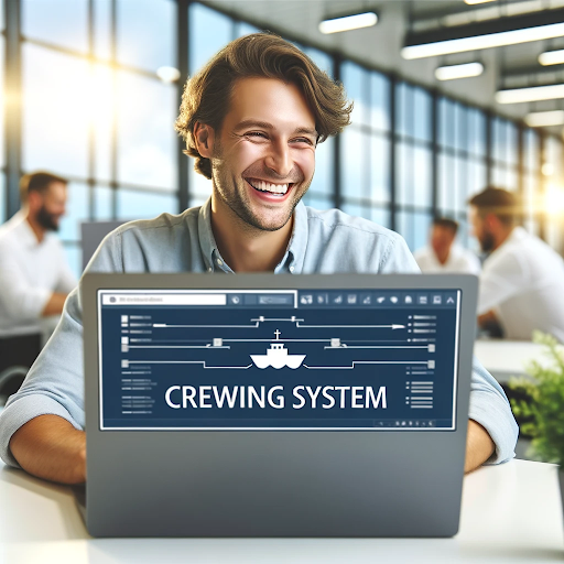 AI generated image of a happy employee using a laptop with the words 'crewing system' on it